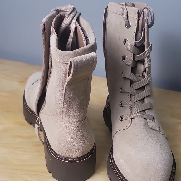 Nordstrom Noomonie Weather Repellant Tan Combat Moto Boots with Chunky Lug Sole - Picture 6 of 10